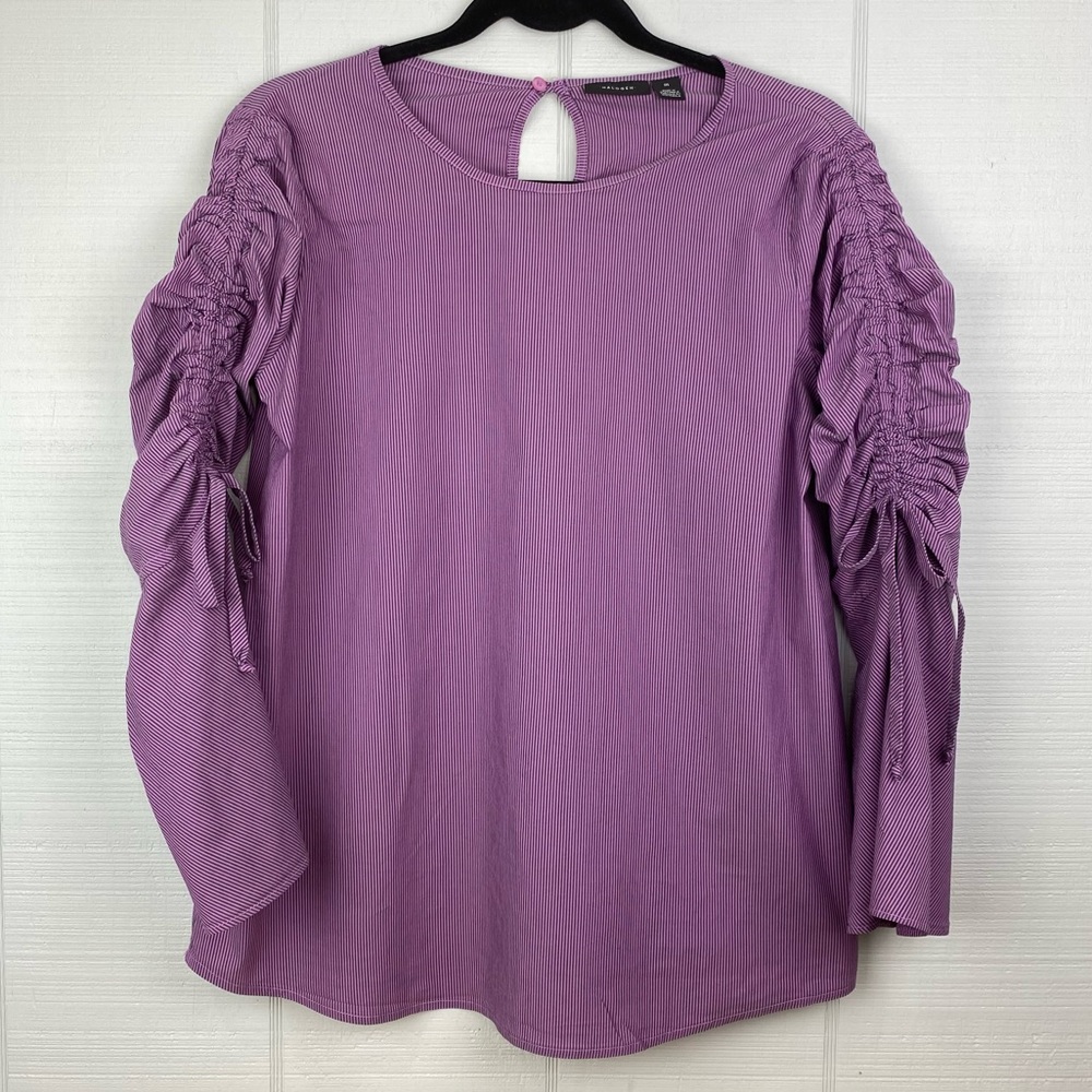 Halogen Purple Pinstripe Top Blouse Ruched Bell 3/4 Sleeves Size M